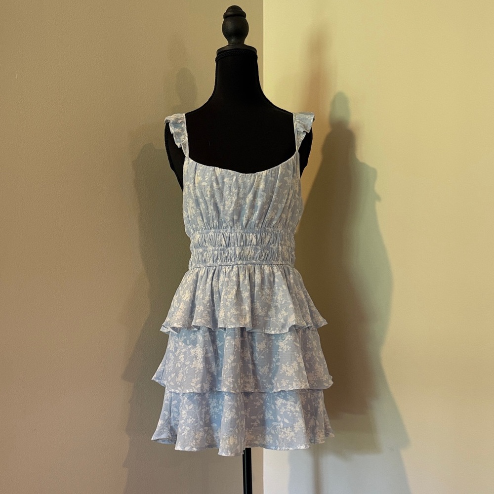 Altar'd State Light Blue Floral Tiered Ruffle Mini Dress